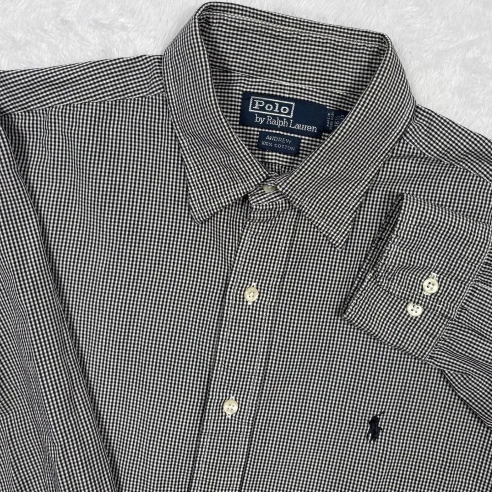 Polo Ralph Lauren Button Shirt Men L 16.5 32/33 Black White Gingham Check Preppy